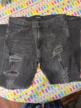 Express Men's Ripped Faded Black Skinny Jeans